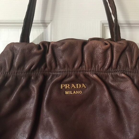 Prada Brown Leather Drawstring Tote Bag - Picture 3 of 10